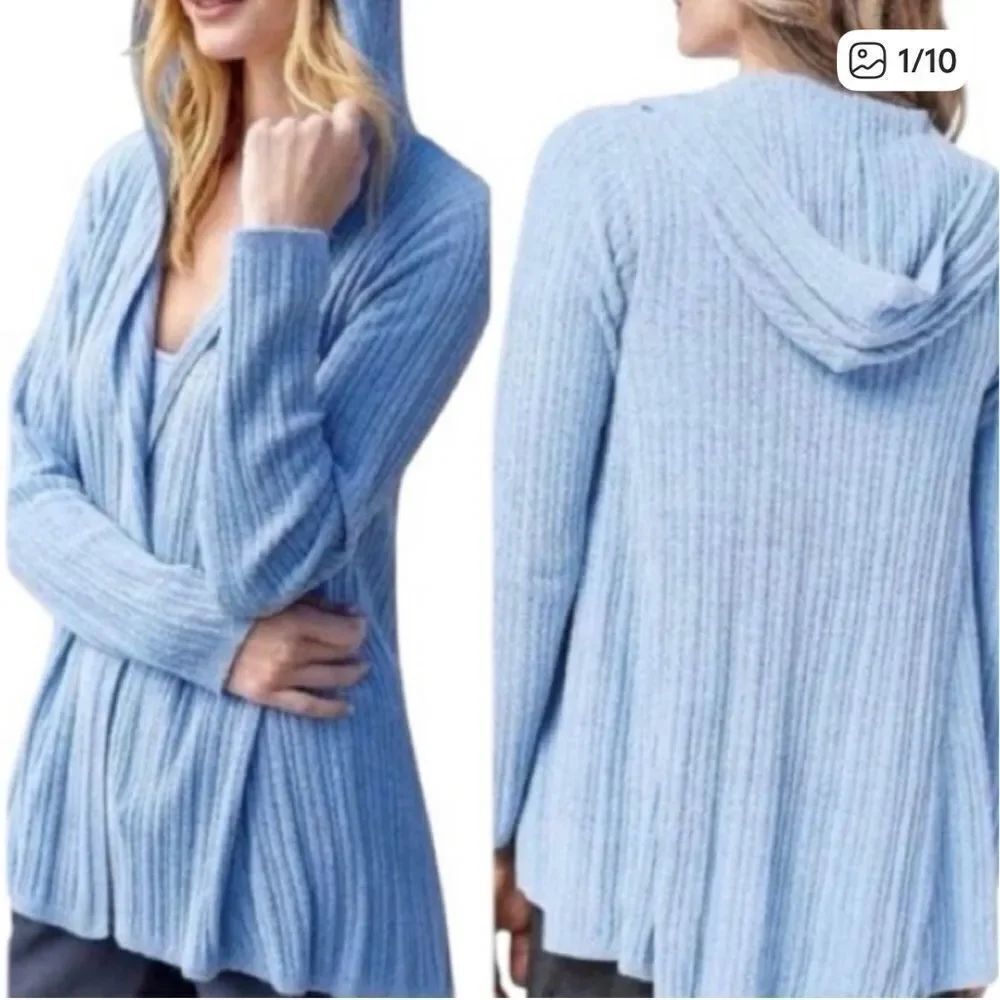 Barefoot Dreams Cozychic Ultra Lite Hooded Cardigan Rib Sweater Blue Womens 2X